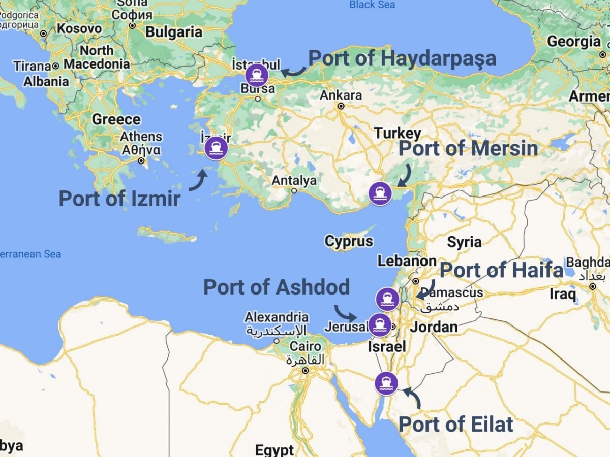 Shipping from Turkey to Israel map