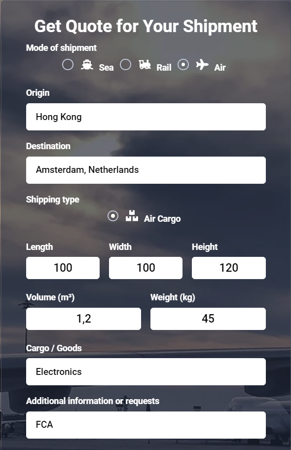 air shipping from Hong Kong to the Netherlands quote