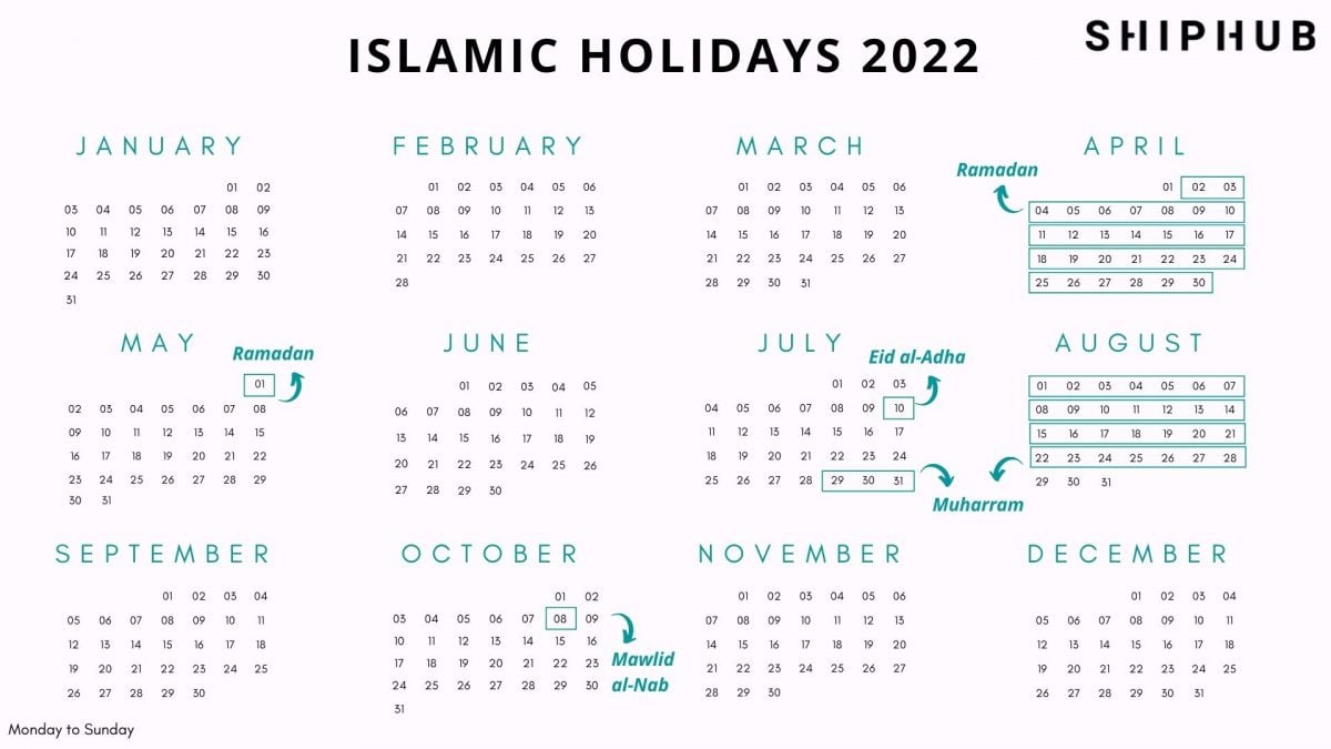 Islamic Holidays 2022 calendar