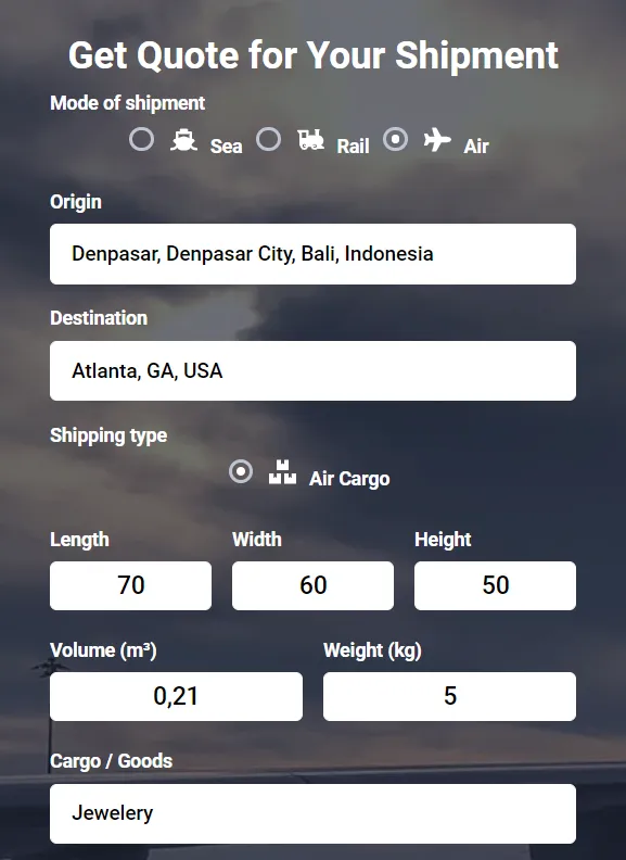 Shipping quote from Indonesia to the US